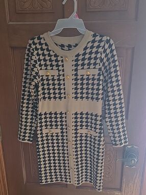 3 For $40Source Unknown Black and Cream Houndstooth Knit Dress with Gold Buttons